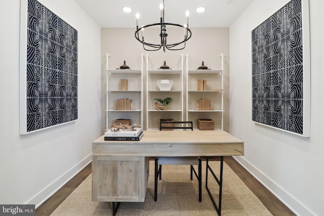 office space with dark wood finished floors, baseboards, a chandelier, and recessed lighting