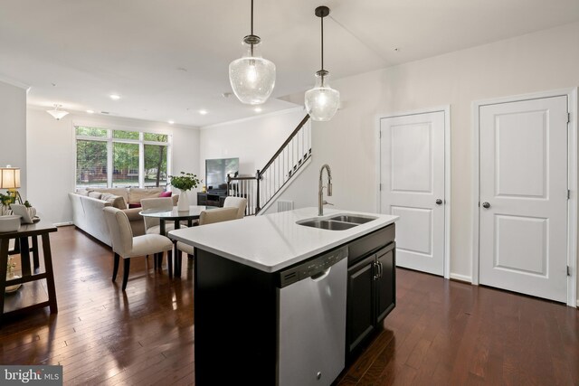 1102 Ribbon Limestone Ter SE, Leesburg, VA 20175 - kitchen with dishwasher, a sink, dark wood-type flooring, light countertops, and pendant lighting