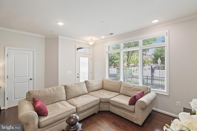 1102 Ribbon Limestone Ter SE, Leesburg, VA 20175 - living room featuring crown molding, dark wood finished floors, baseboards, and recessed lighting