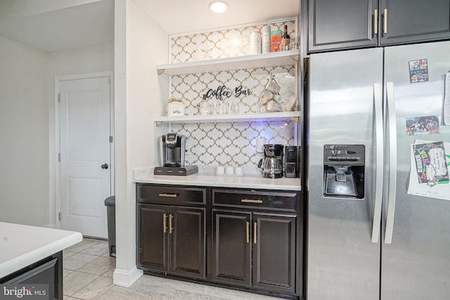 1094 Chews Landing Rd, Laurel Springs, NJ 08021 - kitchen with stainless steel fridge, open shelves, decorative backsplash, and light countertops
