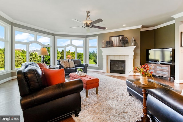 20550 Wildbrook Ct, Ashburn, VA 20147 - living area with ceiling fan, wood finished floors, baseboards, a fireplace, and crown molding