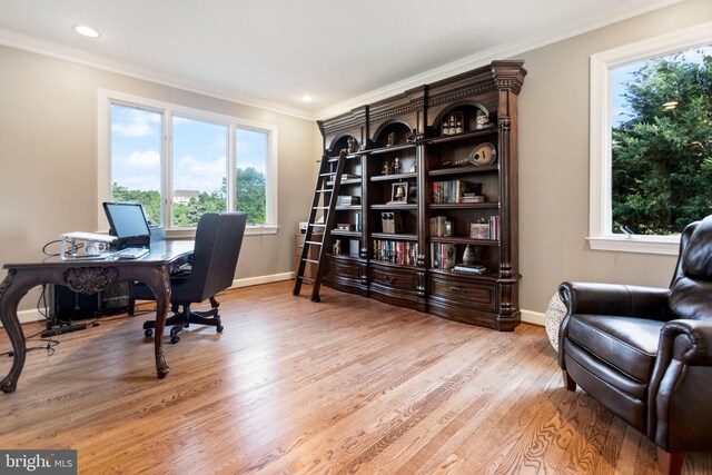 20550 Wildbrook Ct, Ashburn, VA 20147 - office area featuring light wood-style floors, crown molding, baseboards, and recessed lighting