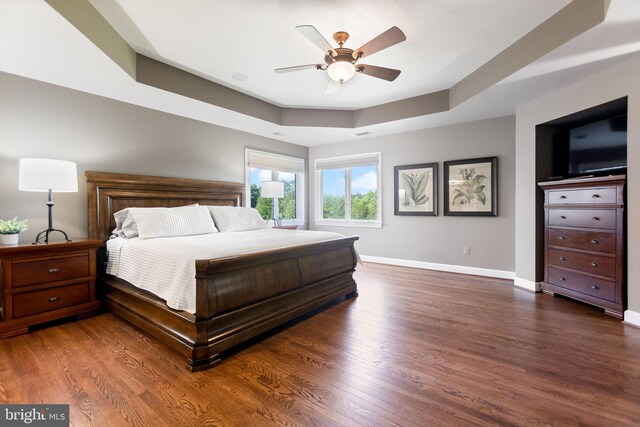 20550 Wildbrook Ct, Ashburn, VA 20147 - bedroom featuring dark wood-style flooring, baseboards, a tray ceiling, and ceiling fan