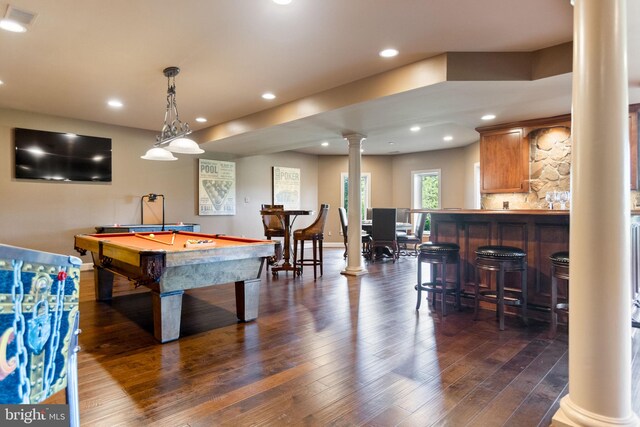 20550 Wildbrook Ct, Ashburn, VA 20147 - playroom featuring ornate columns, pool table, dark wood-style floors, recessed lighting, and a dry bar