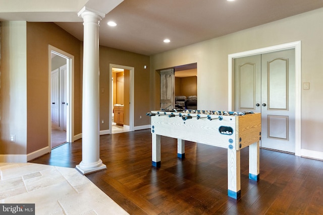 20550 Wildbrook Ct, Ashburn, VA 20147 - rec room featuring decorative columns, wood finished floors, recessed lighting, and baseboards