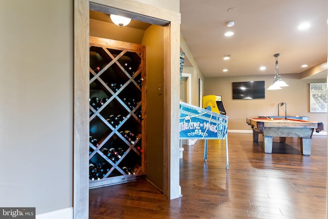 20550 Wildbrook Ct, Ashburn, VA 20147 - wine cellar featuring wood finished floors, baseboards, pool table, and recessed lighting