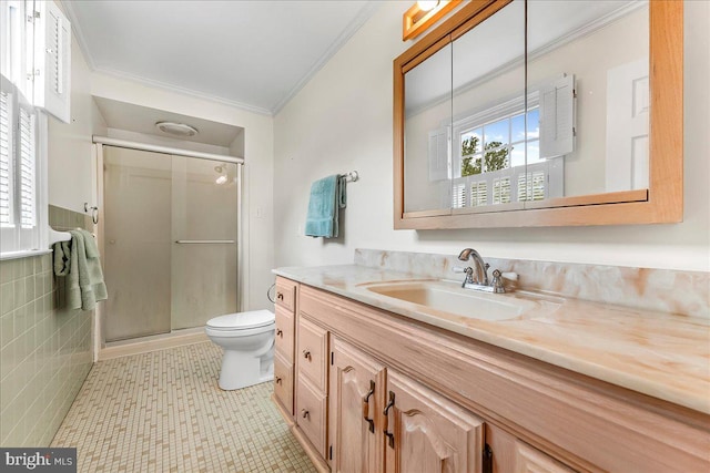 1795 Hillcrest Ln, Aston, PA 19014 - bathroom featuring crown molding, toilet, vanity, a stall shower, and tile patterned flooring