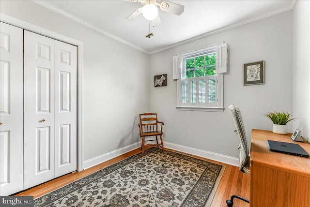 1795 Hillcrest Ln, Aston, PA 19014 - office area featuring wood finished floors, crown molding, a ceiling fan, and baseboards