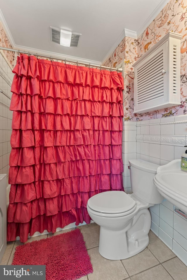 119 Burke, Towson, MD 21286 - bathroom featuring wallpapered walls, crown molding, toilet, a shower with shower curtain, and tile patterned floors