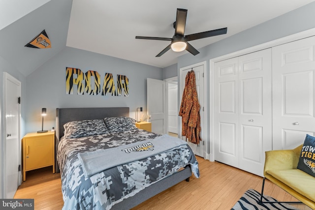 119 Burke, Towson, MD 21286 - bedroom featuring light wood finished floors, ceiling fan, two closets, and vaulted ceiling
