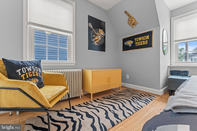 119 Burke, Towson, MD 21286 - living area featuring radiator heating unit, wood finished floors, baseboards, and vaulted ceiling
