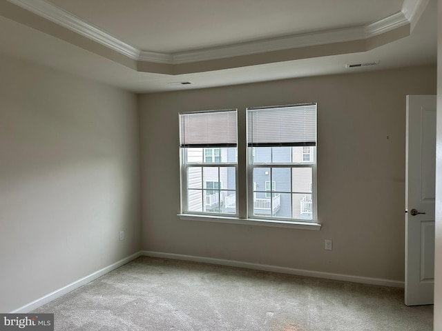 unfurnished room featuring crown molding, a tray ceiling, carpet, and baseboards