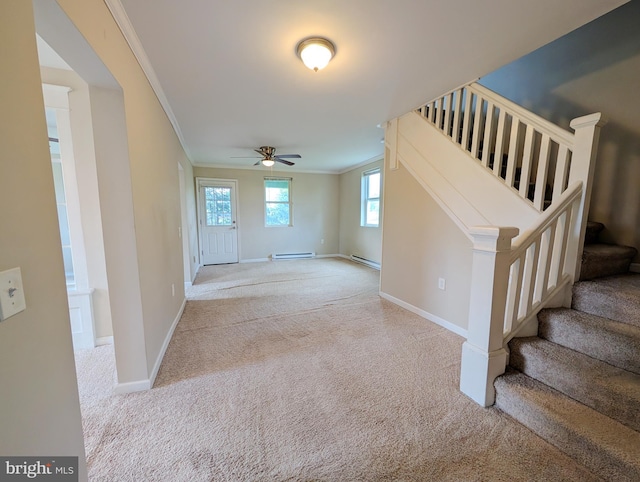 5809 Old Rte 22, Bernville, PA 19506 - carpeted empty room with crown molding, stairs, baseboards, baseboard heating, and a ceiling fan