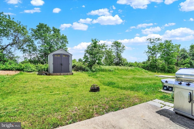 1550 Matthew Dr, York, PA 17404 - view of green lawn featuring a storage shed, a fire pit, and an outbuilding