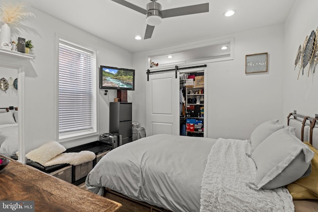 1807 N 27th St, Philadelphia, PA 19121 - bedroom featuring a barn door, recessed lighting, a ceiling fan, and a closet