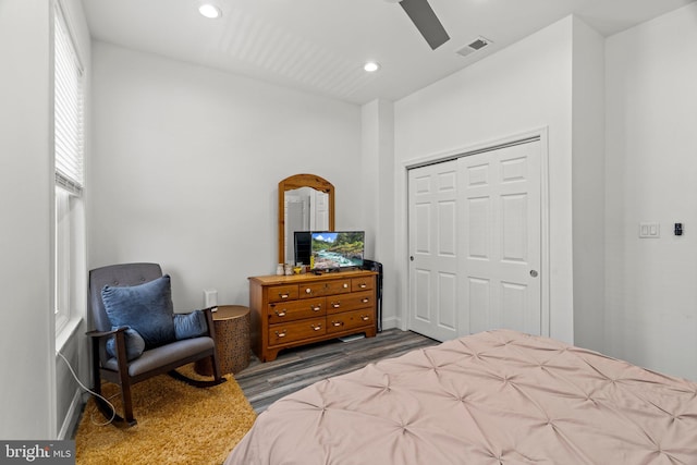 1807 N 27th St, Philadelphia, PA 19121 - bedroom featuring dark wood-type flooring, a closet, recessed lighting, and ceiling fan