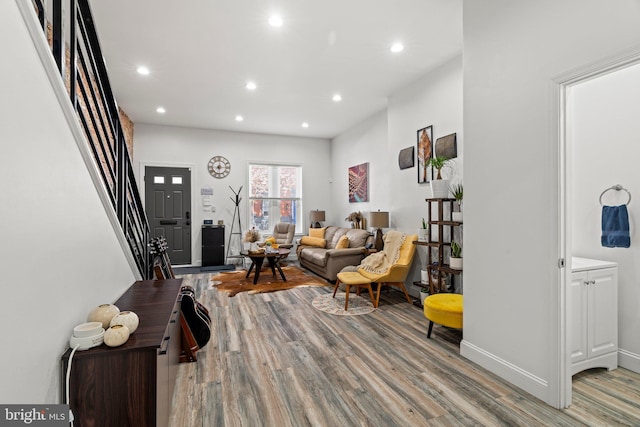 1807 N 27th St, Philadelphia, PA 19121 - living room featuring wood finished floors, recessed lighting, stairway, and baseboards