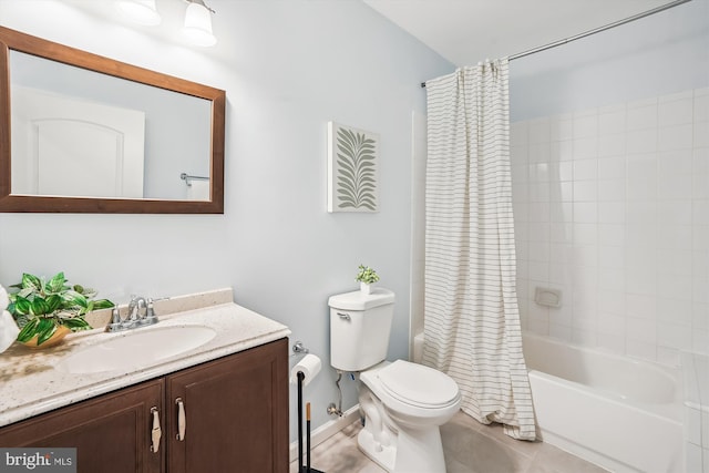 bathroom with toilet, vanity, tile patterned flooring, and shower / bathtub combination with curtain