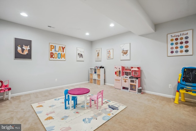 rec room with carpet floors, recessed lighting, and baseboards