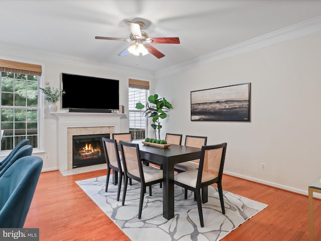 dining room with a ceiling fan, plenty of natural light, a high end fireplace, crown molding, and light wood-style floors