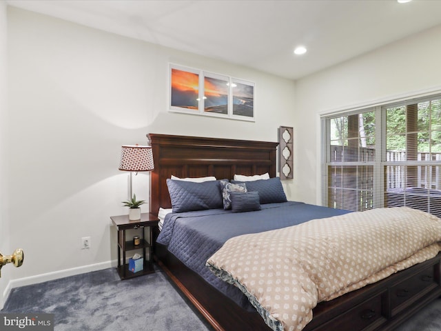 carpeted bedroom with baseboards and recessed lighting