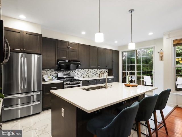 kitchen with appliances with stainless steel finishes, a sink, light countertops, backsplash, and an island with sink