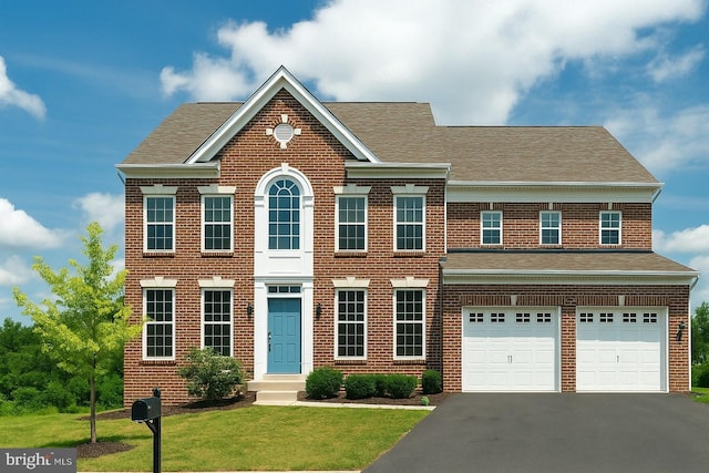 georgian-style home with a shingled roof, asphalt driveway, brick siding, and a garage