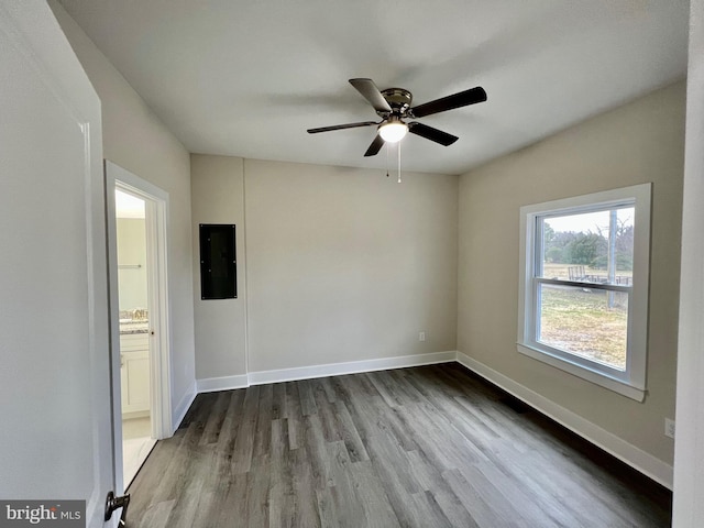 826 S Glebe Rd, Montross, VA 22520 - unfurnished room with electric panel, dark wood-type flooring, ceiling fan, and baseboards