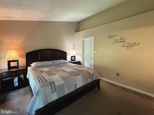 106 Perth Amboy Ct, Upper Marlboro, MD 20774 - bedroom with dark carpet, baseboards, a textured ceiling, and vaulted ceiling
