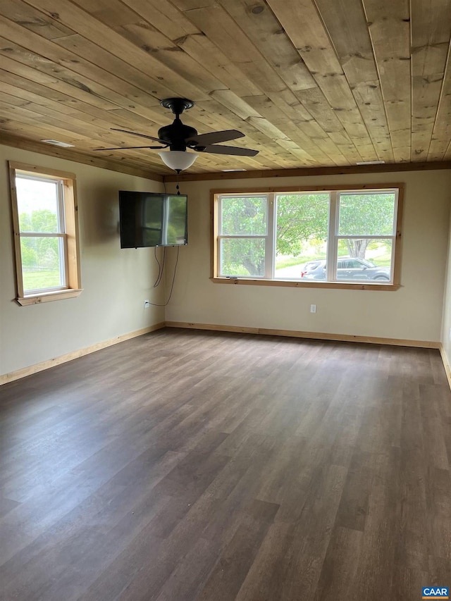 spare room with wooden ceiling, healthy amount of natural light, wood finished floors, and baseboards