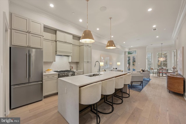 kitchen with appliances with stainless steel finishes, a sink, ornamental molding, light wood-style flooring, and light countertops