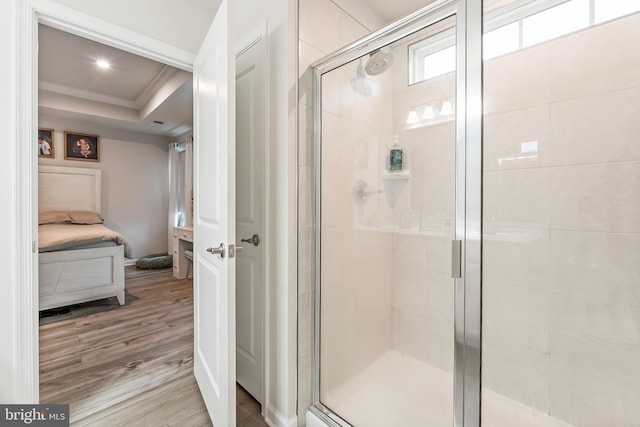 2314 Emerson Ln, Fredericksburg, VA 22401 - ensuite bathroom featuring a stall shower, wood finished floors, and a raised ceiling