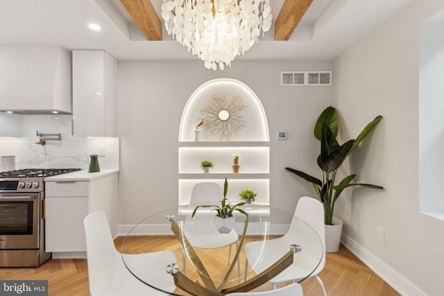 728 S Warnock St, Philadelphia, PA 19147 - dining area featuring a chandelier, baseboards, recessed lighting, and beamed ceiling