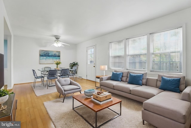 living room featuring ceiling fan, light wood-type flooring, and baseboards