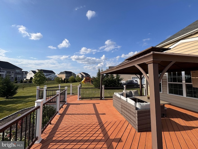 308 Galloway St, Middletown, DE 19709 - wooden deck featuring an outdoor hangout area, a yard, a residential view, and a gazebo