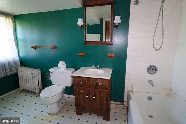 bathroom featuring radiator, baseboards, shower / tub combination, and vanity