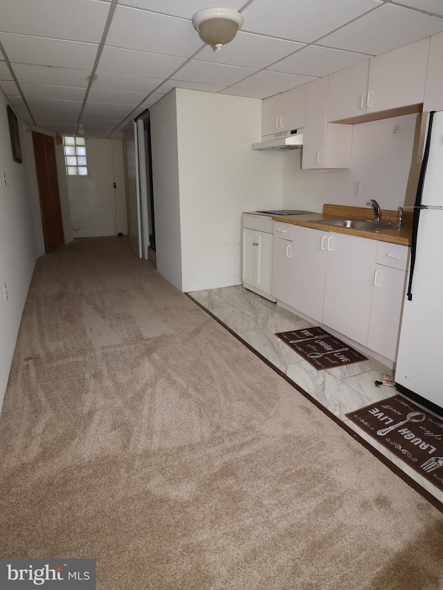 kitchen featuring freestanding refrigerator, a sink, light carpet, under cabinet range hood, and white cabinets