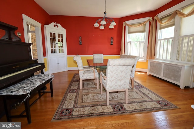 dining area featuring radiator and wood finished floors