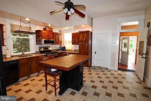 kitchen with black appliances, a sink, ceiling fan, and light flooring
