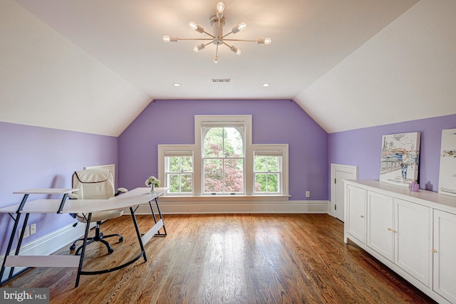 1303 Officers Row, Delaware City, DE 19706 - office featuring a chandelier, vaulted ceiling, wood finished floors, and baseboards