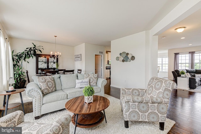 1303 Officers Row, Delaware City, DE 19706 - living room featuring a chandelier, dark wood-style flooring, baseboards, and recessed lighting