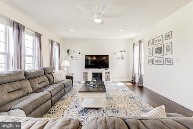 1303 Officers Row, Delaware City, DE 19706 - living room featuring ceiling fan, baseboards, dark wood finished floors, recessed lighting, and a glass covered fireplace