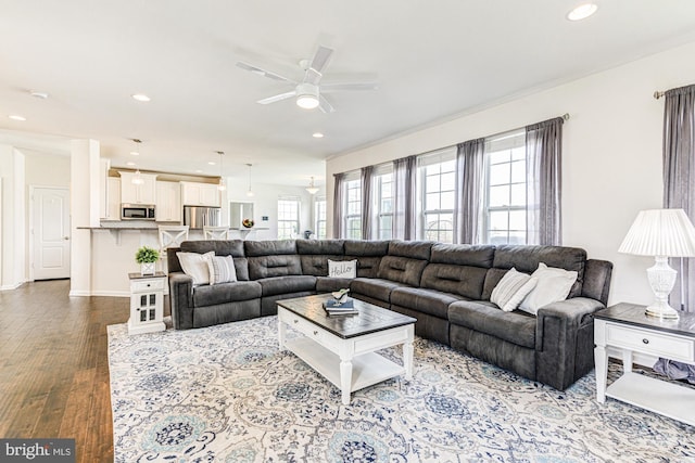 1303 Officers Row, Delaware City, DE 19706 - living room with a ceiling fan, hardwood / wood-style floors, recessed lighting, and baseboards