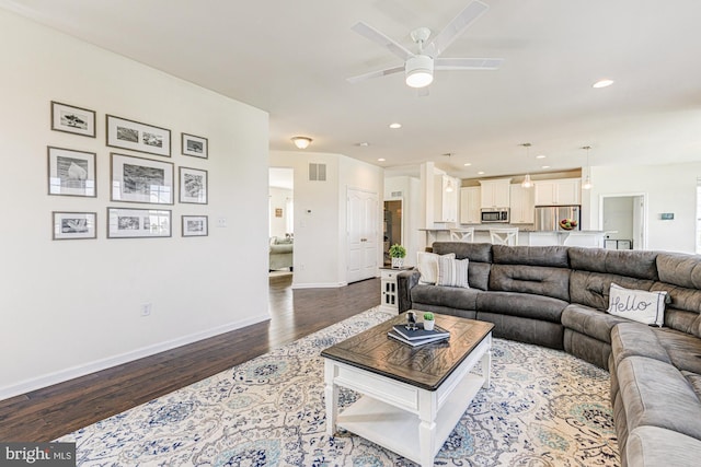1303 Officers Row, Delaware City, DE 19706 - living room with a ceiling fan, dark wood-type flooring, baseboards, and recessed lighting