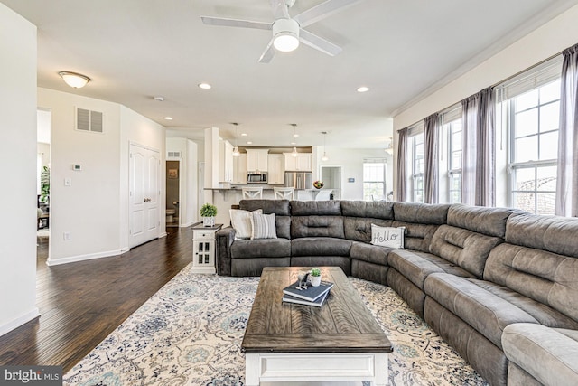 1303 Officers Row, Delaware City, DE 19706 - living room featuring a ceiling fan, dark wood-style flooring, baseboards, and recessed lighting