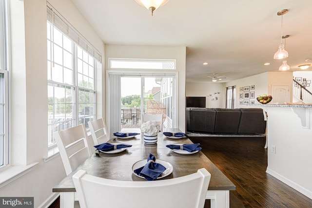 1303 Officers Row, Delaware City, DE 19706 - dining room with dark wood finished floors, baseboards, ceiling fan, and recessed lighting