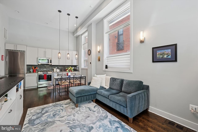 1113 Fitzwater St Unit A, Philadelphia, PA 19147 - living room with dark wood finished floors, baseboards, and a towering ceiling