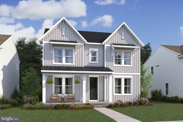 modern inspired farmhouse featuring board and batten siding, a porch, a standing seam roof, and a front lawn