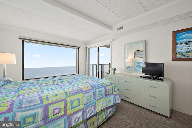 10002 Coastal Hwy Unit 611, Ocean City, MD 21842 - bedroom with access to outside, dark colored carpet, and a textured ceiling