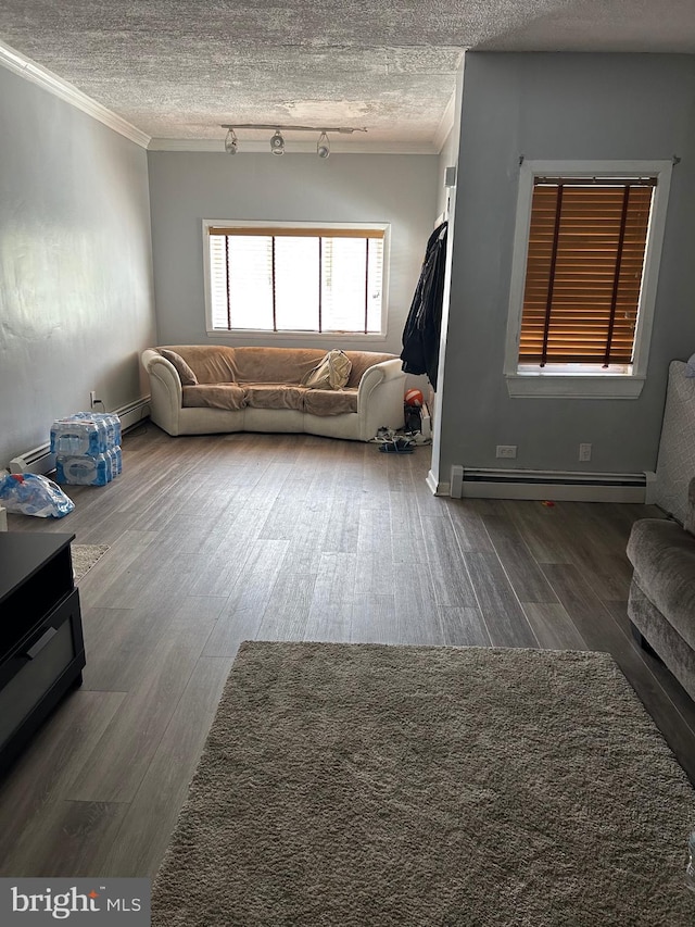 living area with crown molding, a baseboard radiator, wood finished floors, and a textured ceiling